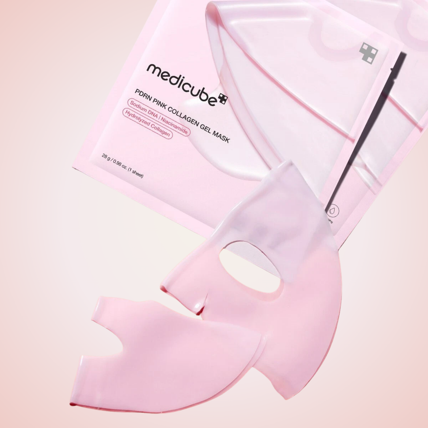 Medicube PDRN Pink Collagen Gel Mask partially removed from pouch – gel-type mask infused with collagen essence.