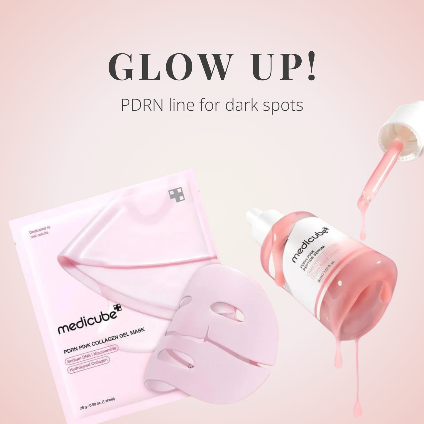medicube PDRN Pink Peptide Serum and collagen gel mask set for glow and dark spot care.