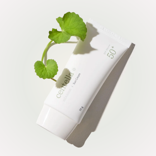 mixsoon Centella Sun Cream SPF 50+ PA++++ – flat tube with fresh centella leaves displayed on white background