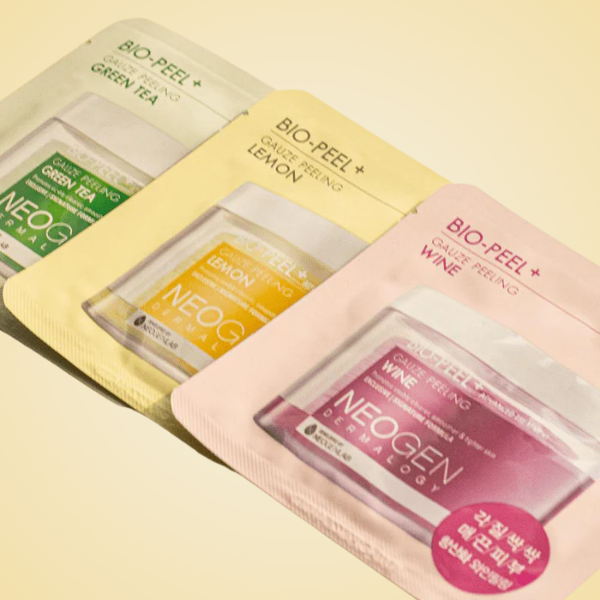 Assorted NEOGEN Bio-Peel Gauze Peeling 1 Pad variants – Lemon, Wine, and Green Tea exfoliating skincare