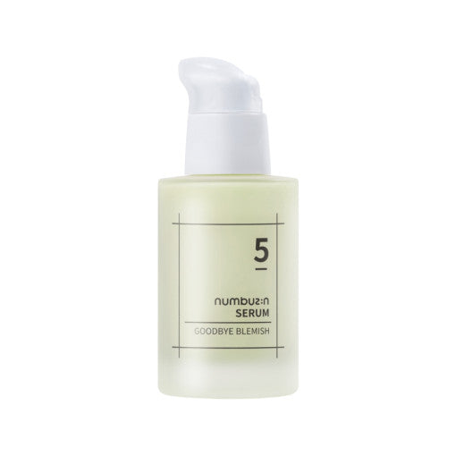 Close-up of numbuzin No.5 Goodbye Blemish Serum 50ml highlighting lightweight serum texture and brightening Korean skincare formula for blemishes and uneven skin tone.