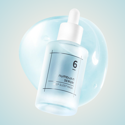 Numbuzin No.6 Deep Sleep Mask Serum bottle with blue gel texture – moisturizing and soothing formula