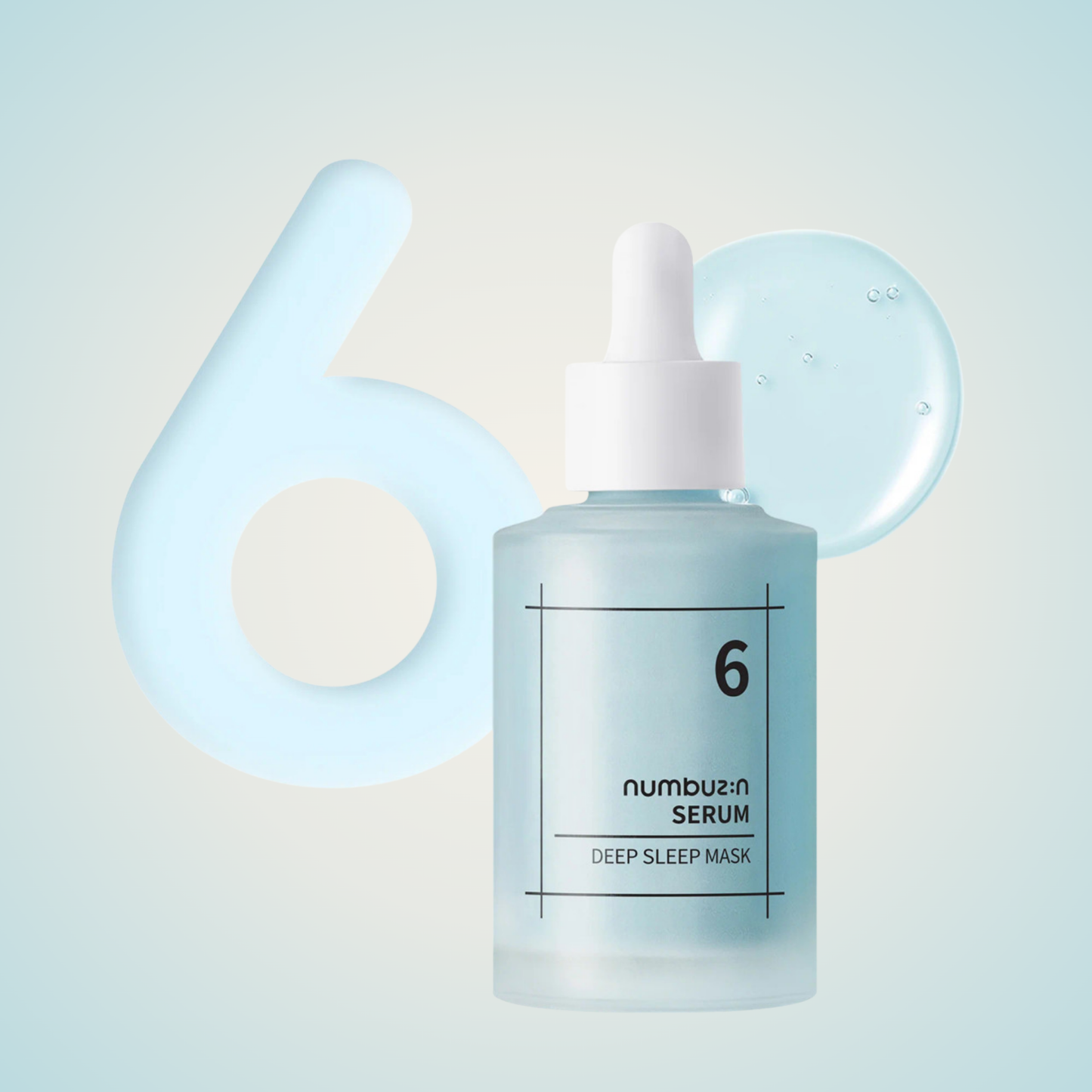 Flatlay of Numbuzin No.6 Deep Sleep Mask Serum with translucent gel texture and calming tone