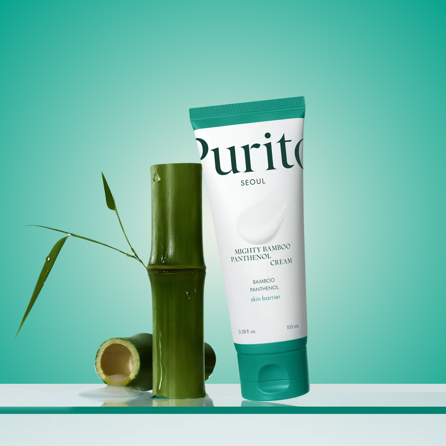 Purito bamboo cream beside bamboo stalks – refreshing moisturizer that strengthens the skin barrier