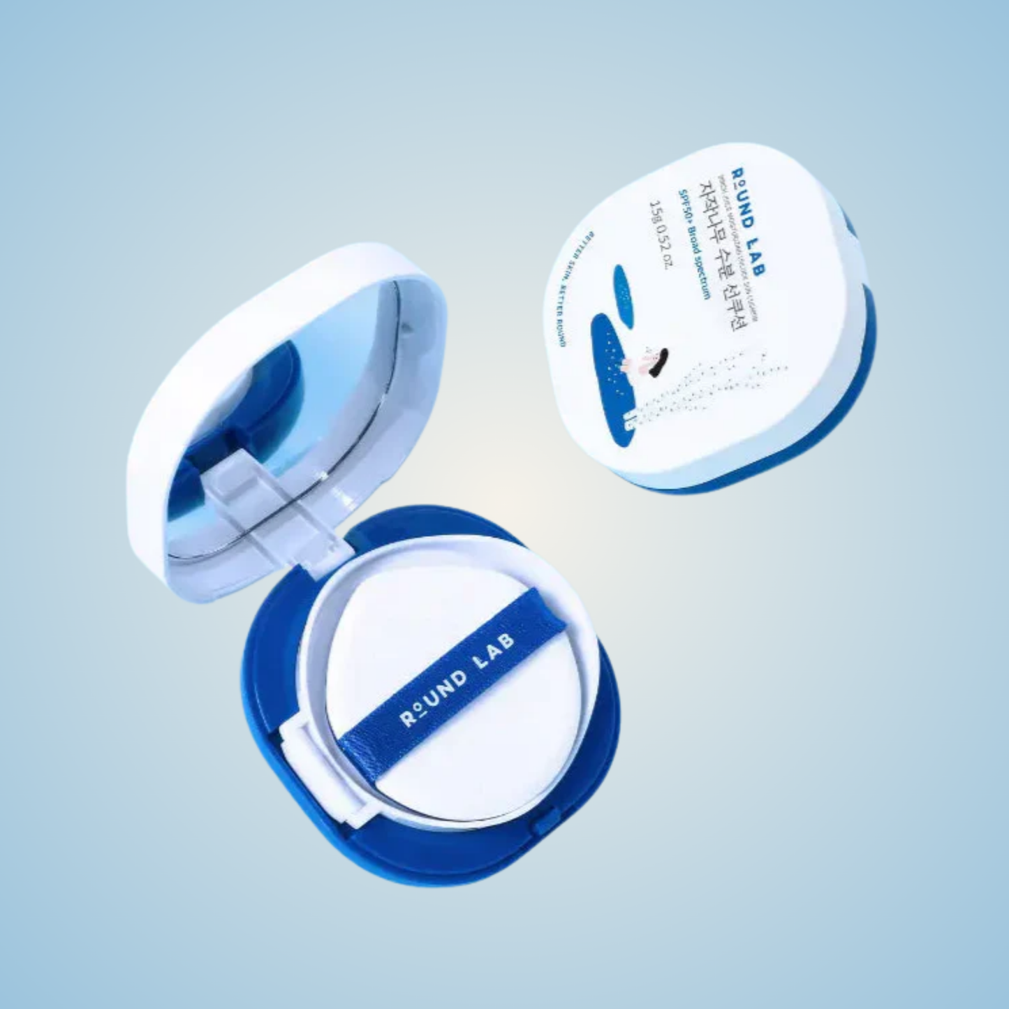 Open Round Lab Birch Juice Moisturizing UV Lock Sun Cushion showing puff and compact design