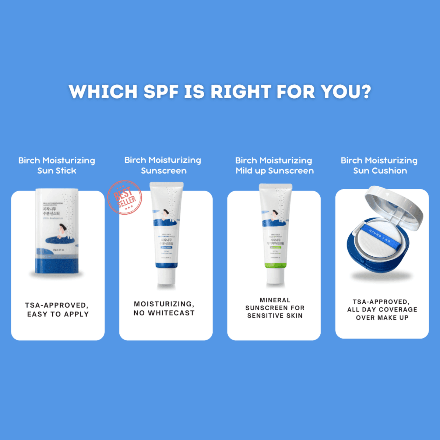Comparison of Round Lab Birch Juice sun care range – includes sun cushion, stick, and sunscreen variants