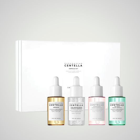 SKIN1004 Madagascar Centella Ampoule Kit – 4-piece set of soothing, brightening, pore-care, and relief ampoules.