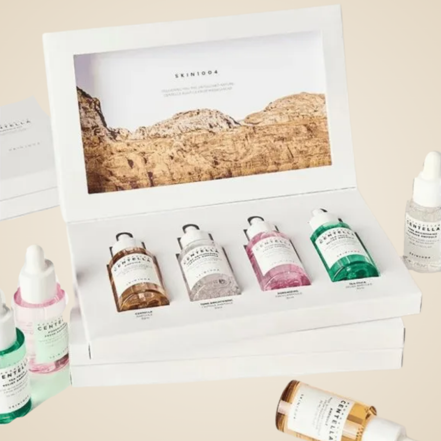 SKIN1004 Centella Ampoule Kit – soothing, brightening, pore minimizing, and tea tree relief ampoules.
