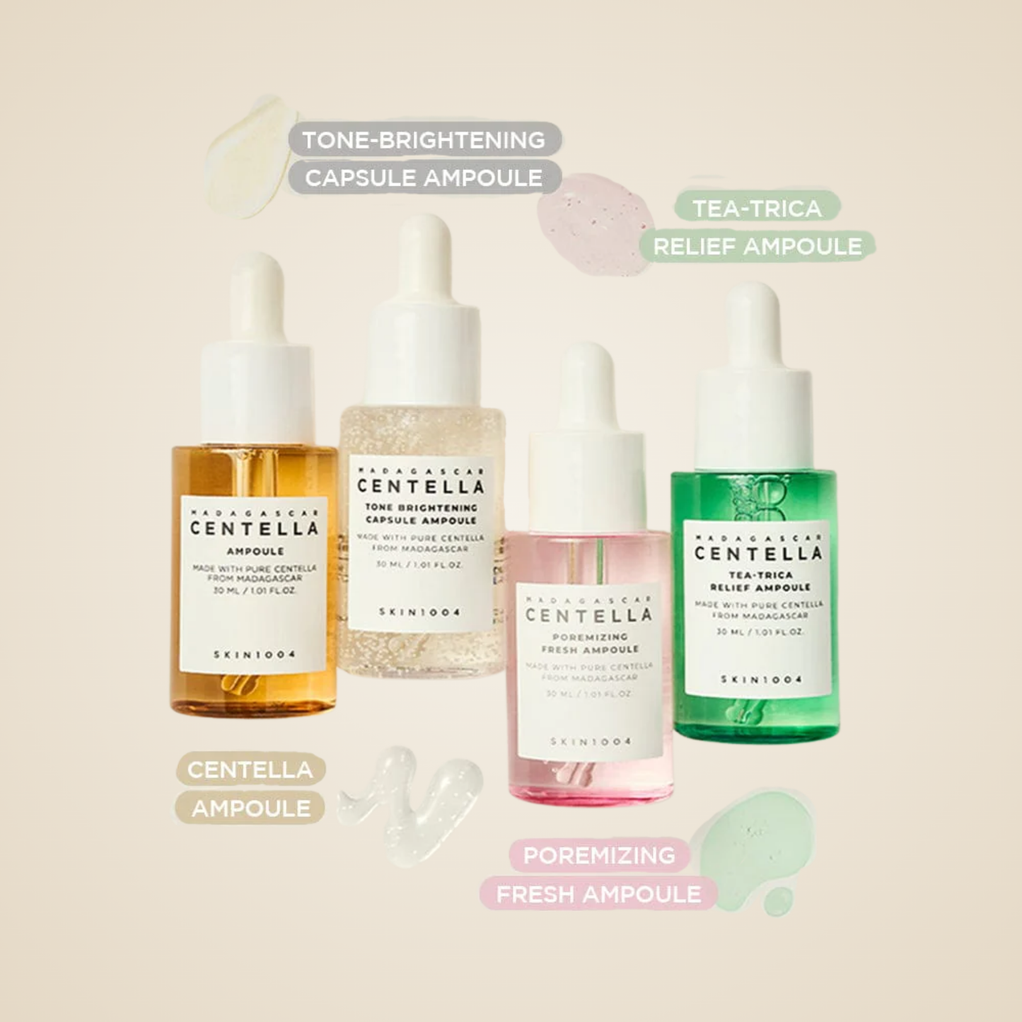 SKIN1004 Ampoule Kit with Centella Ampoule, Tone Brightening, Poremizing Fresh, and Tea-Trica Relief Ampoules.
