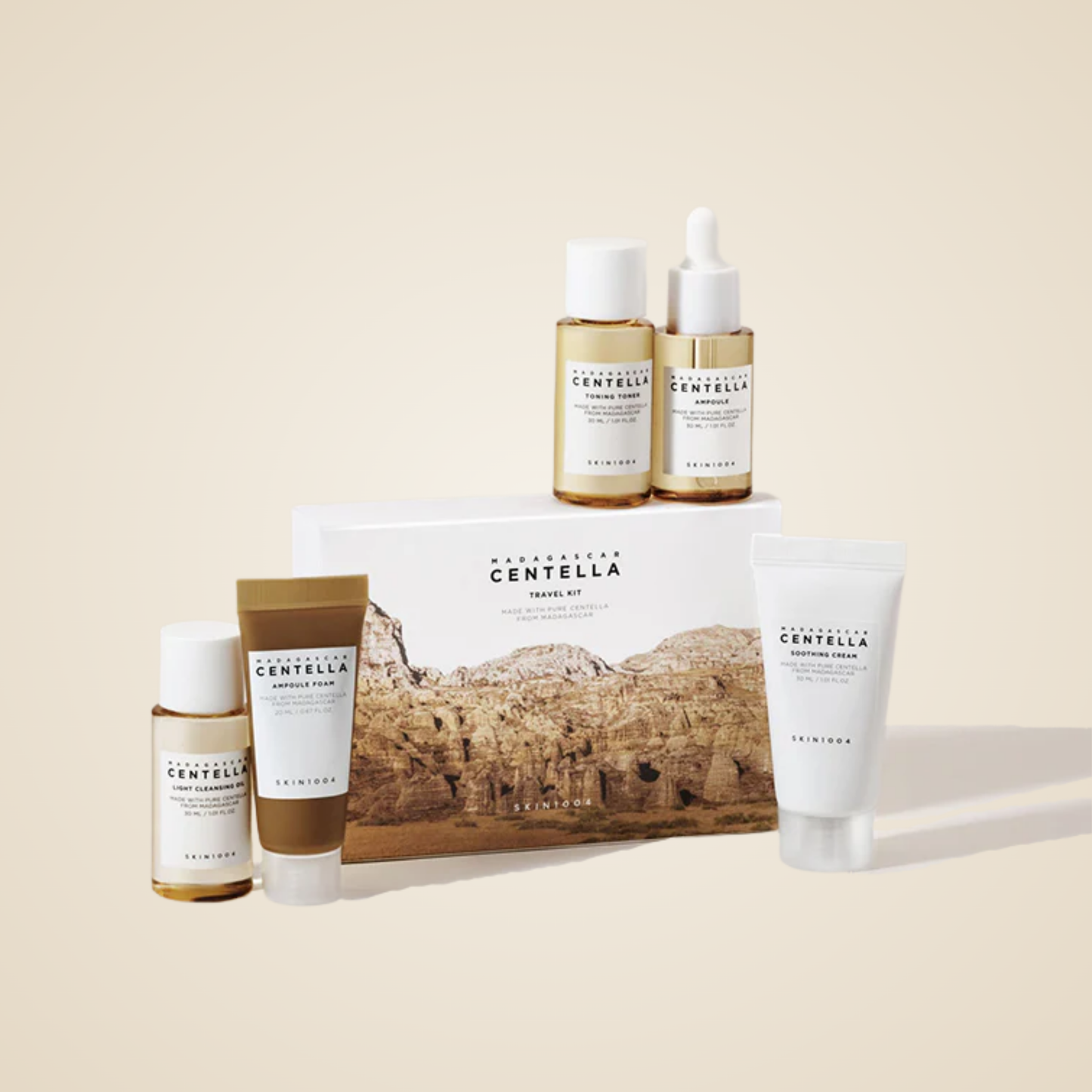 SKIN1004 Madagascar Centella Travel Kit – cleanser, toner, ampoule, cream, and foam in travel sizes.