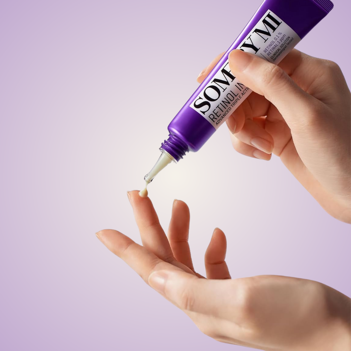 Applying SOME BY MI Retinol Intense Advanced Triple Action Eye Cream on fingertip for under-eye care