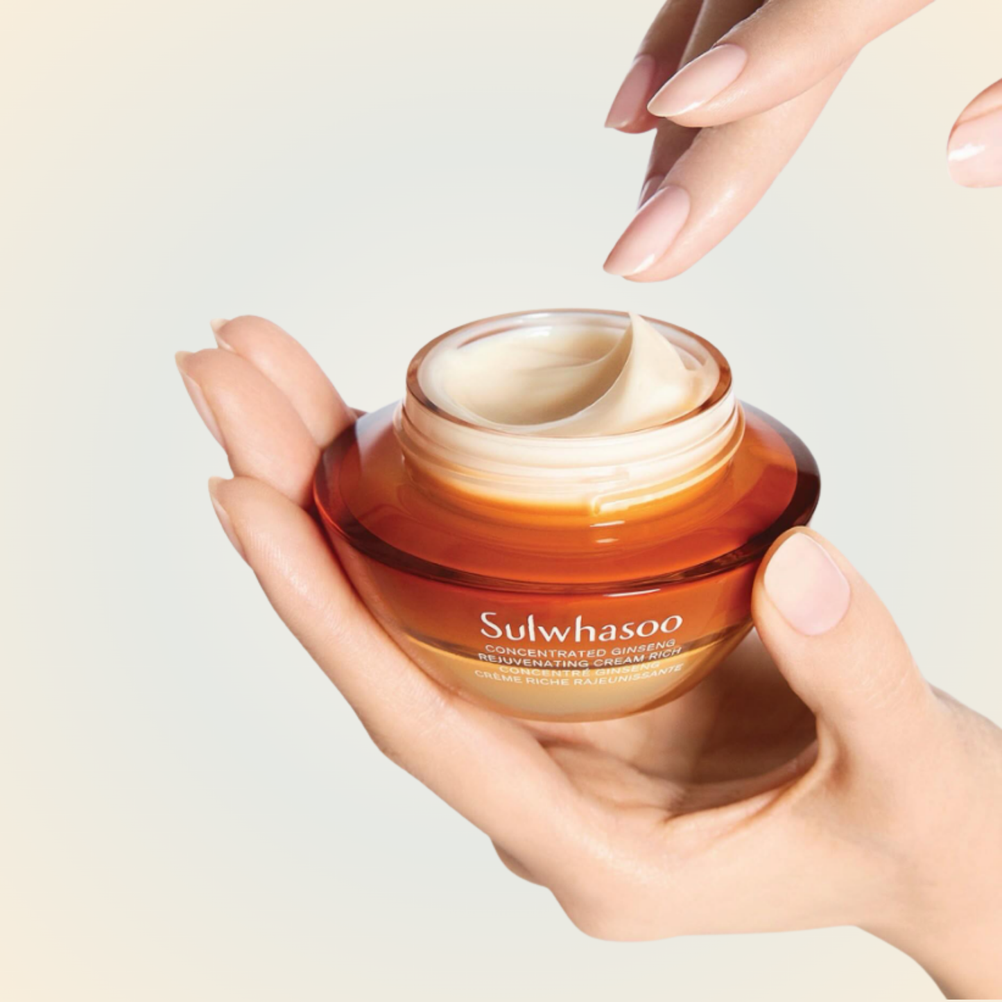 Applying Sulwhasoo Concentrated Ginseng Rejuvenating Cream Rich – silky texture melts into skin for a luminous, replenished glow