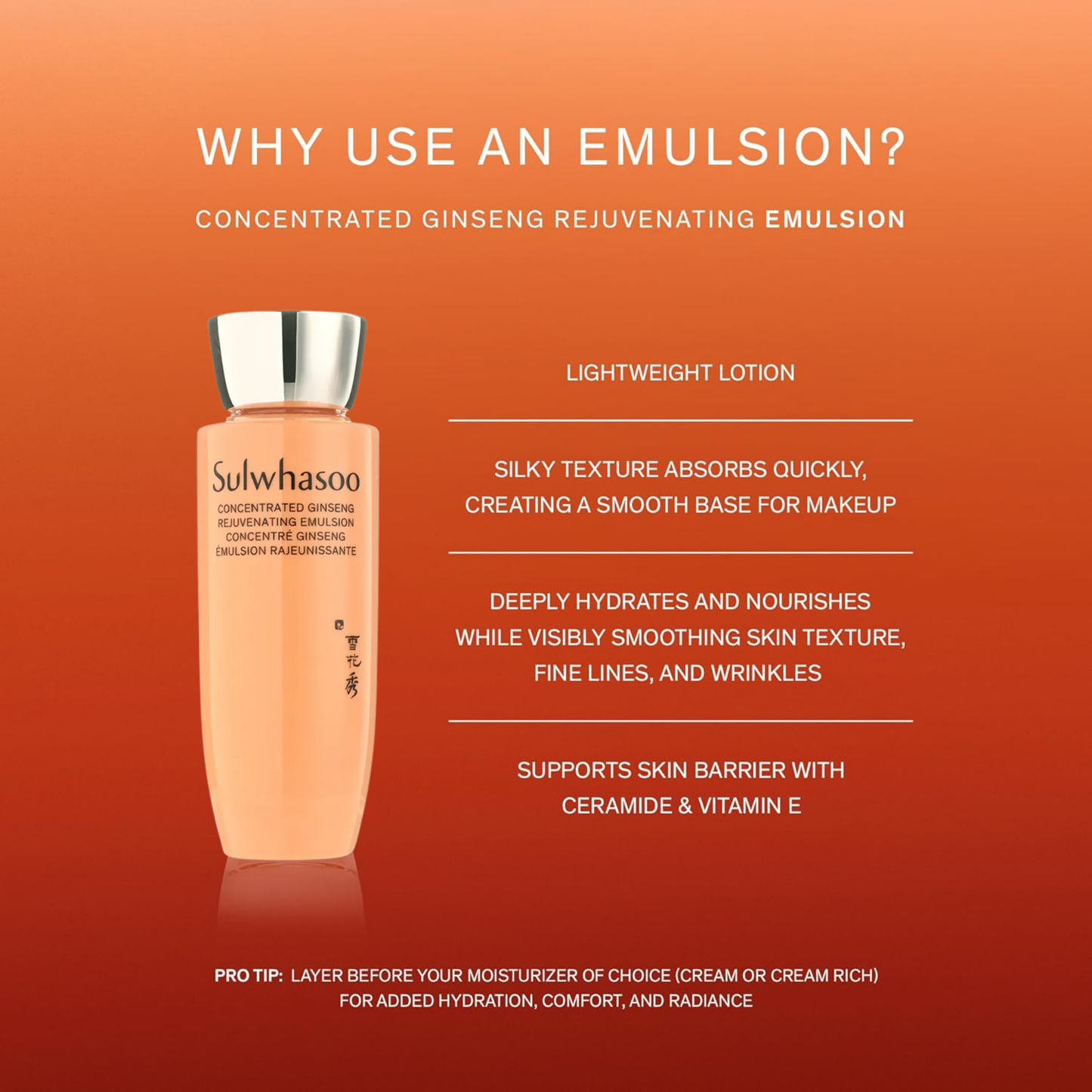 Sulwhasoo Concentrated Ginseng Rejuvenating Emulsion details – lightweight lotion that hydrates, softens, and smooths fine lines