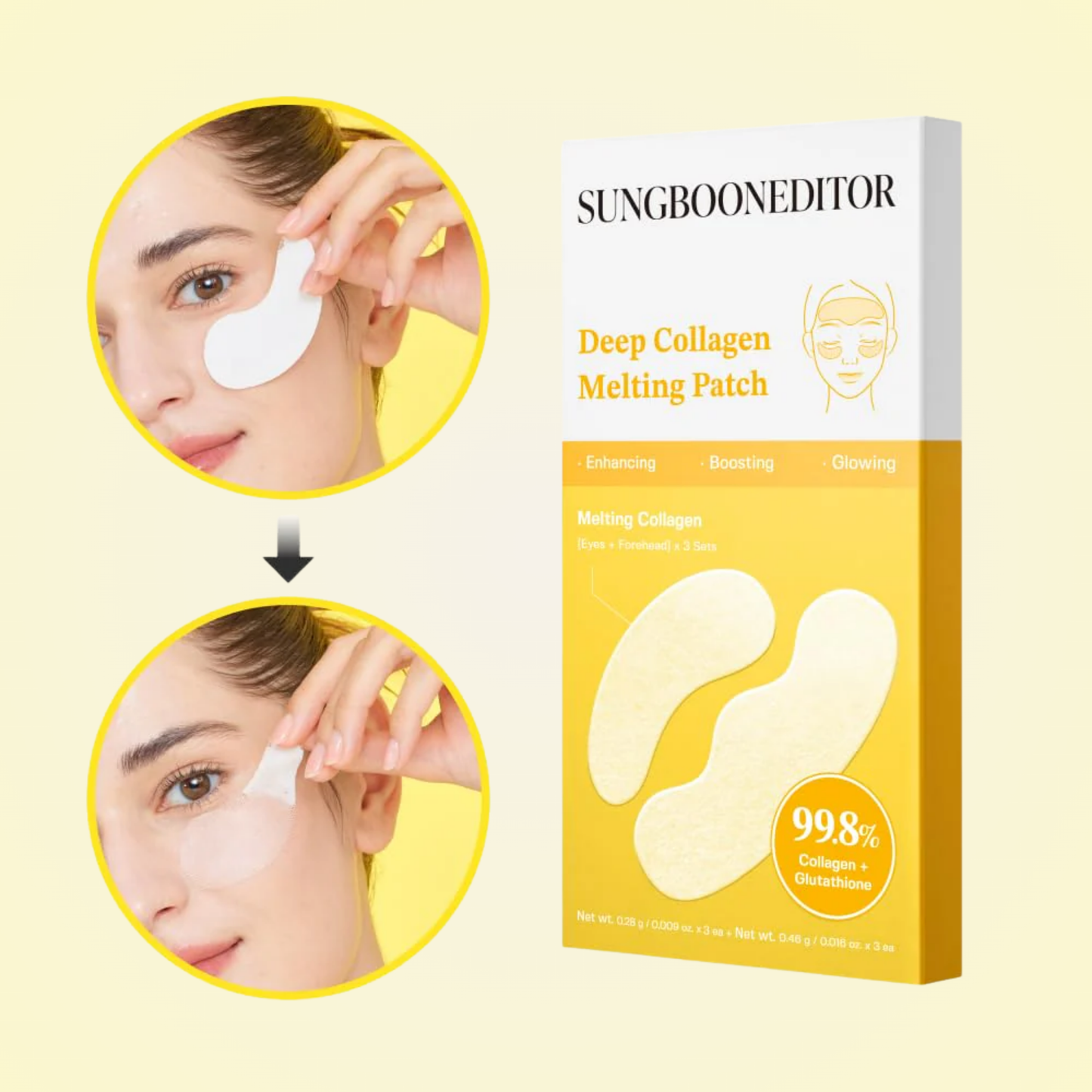 Applying SUNGBOON EDITOR Deep Collagen Melting Patch under eyes – visibly plumps and revitalizes tired skin