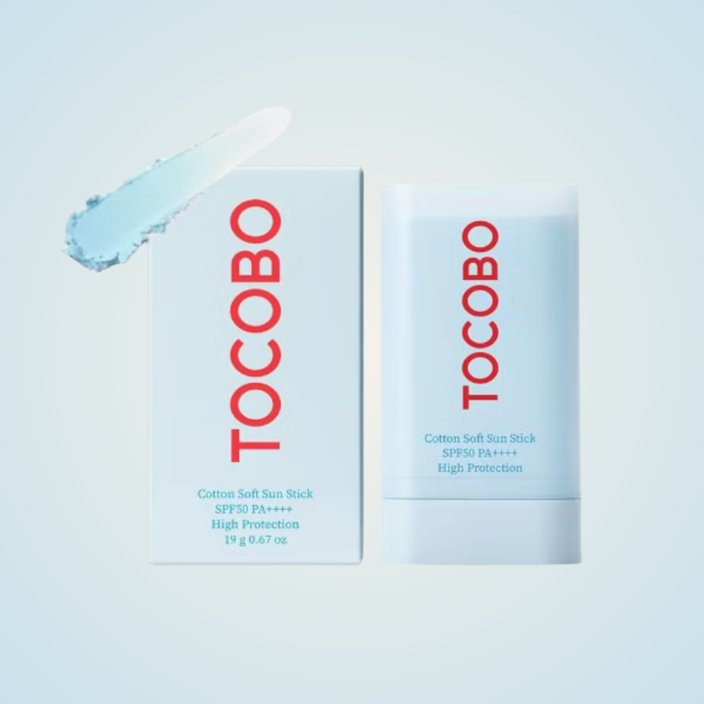 TOCOBO Cotton Soft Sun Stick SPF50+ PA++++ displayed with box packaging and cream texture – minimalist design