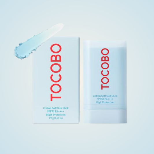 TOCOBO Cotton Soft Sun Stick SPF50+ PA++++ displayed with box packaging and cream texture – minimalist design