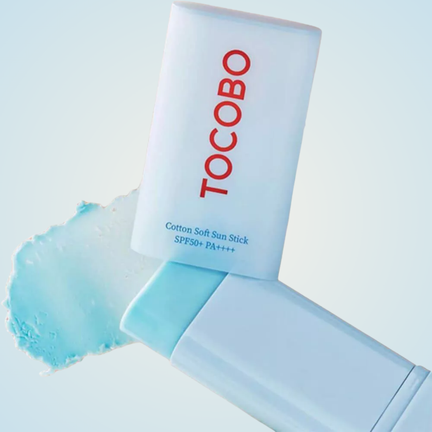 TOCOBO Cotton Soft Sun Stick SPF50+ PA++++ light blue stick with soft creamy texture on background
