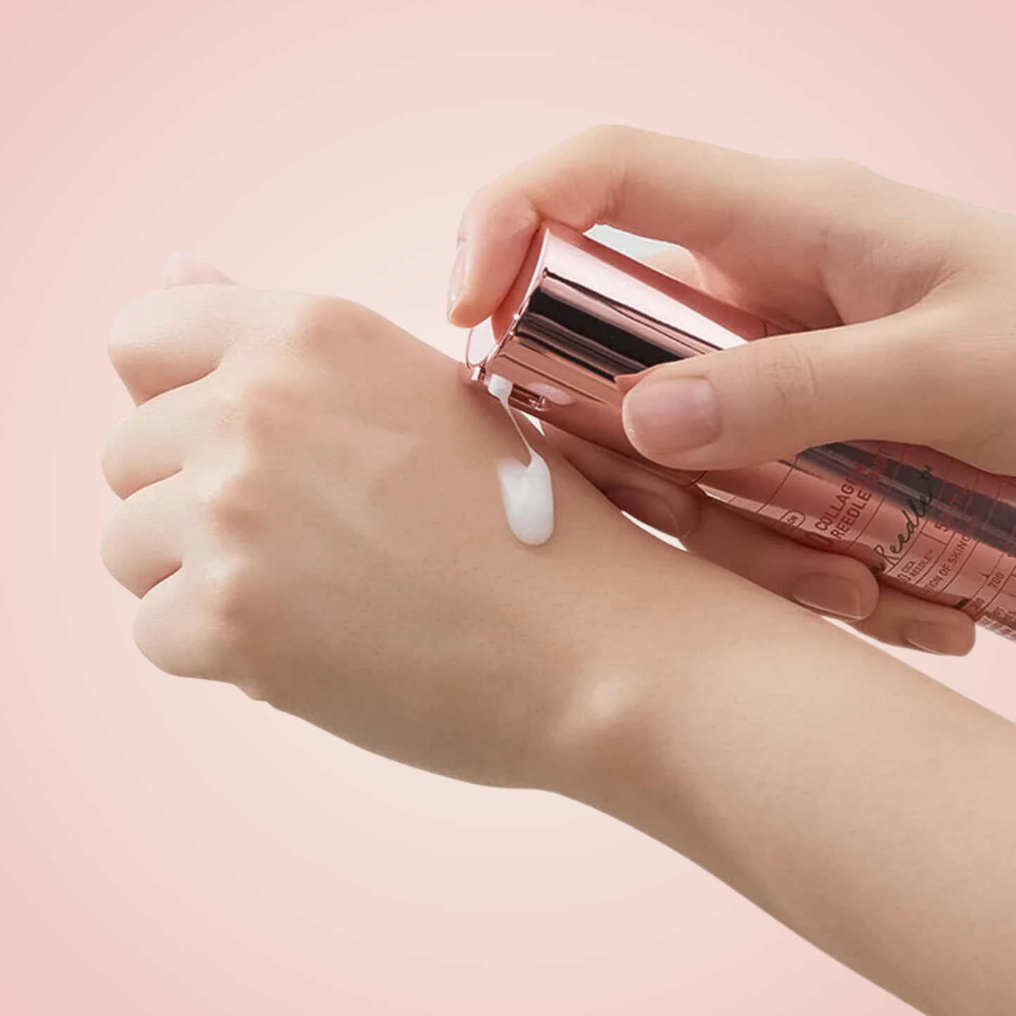 Applying VT Collagen Reedle Shot 300 serum on hand – lightweight collagen micro-needle essence