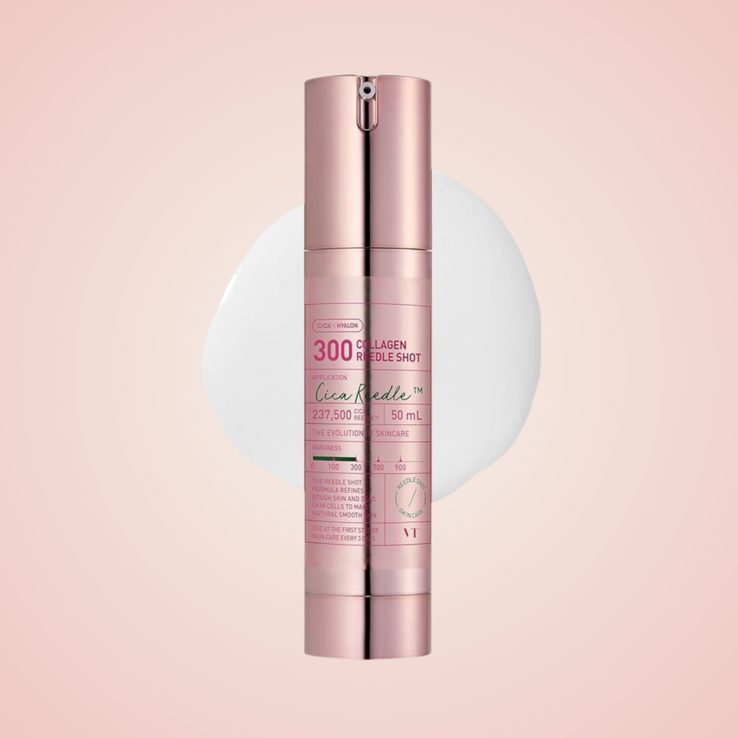 VT Collagen Reedle Shot 300 bottle on soft pink background with creamy texture detail