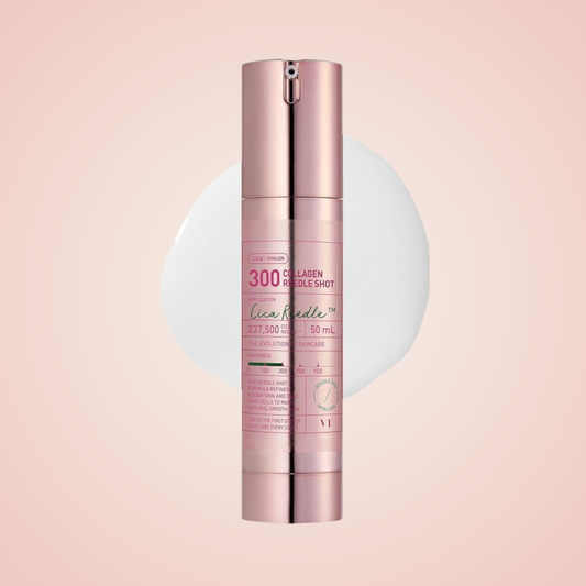 VT Collagen Reedle Shot 300 bottle on soft pink background with creamy texture detail