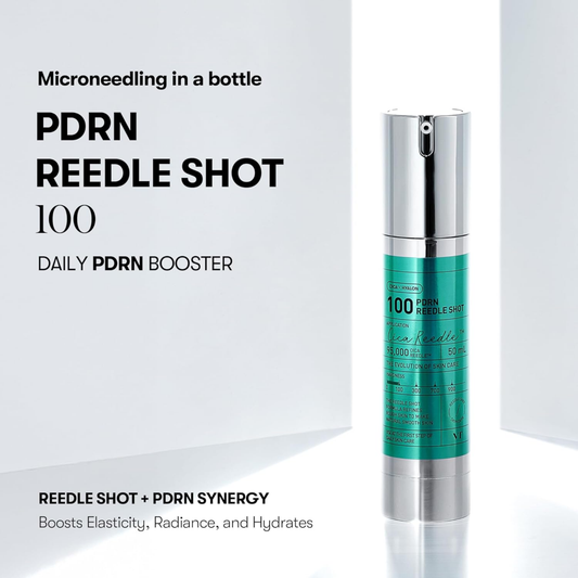 VT PDRN Reedle Shot 100 displayed beside packaging box – microneedling booster serum for daily skin renewal