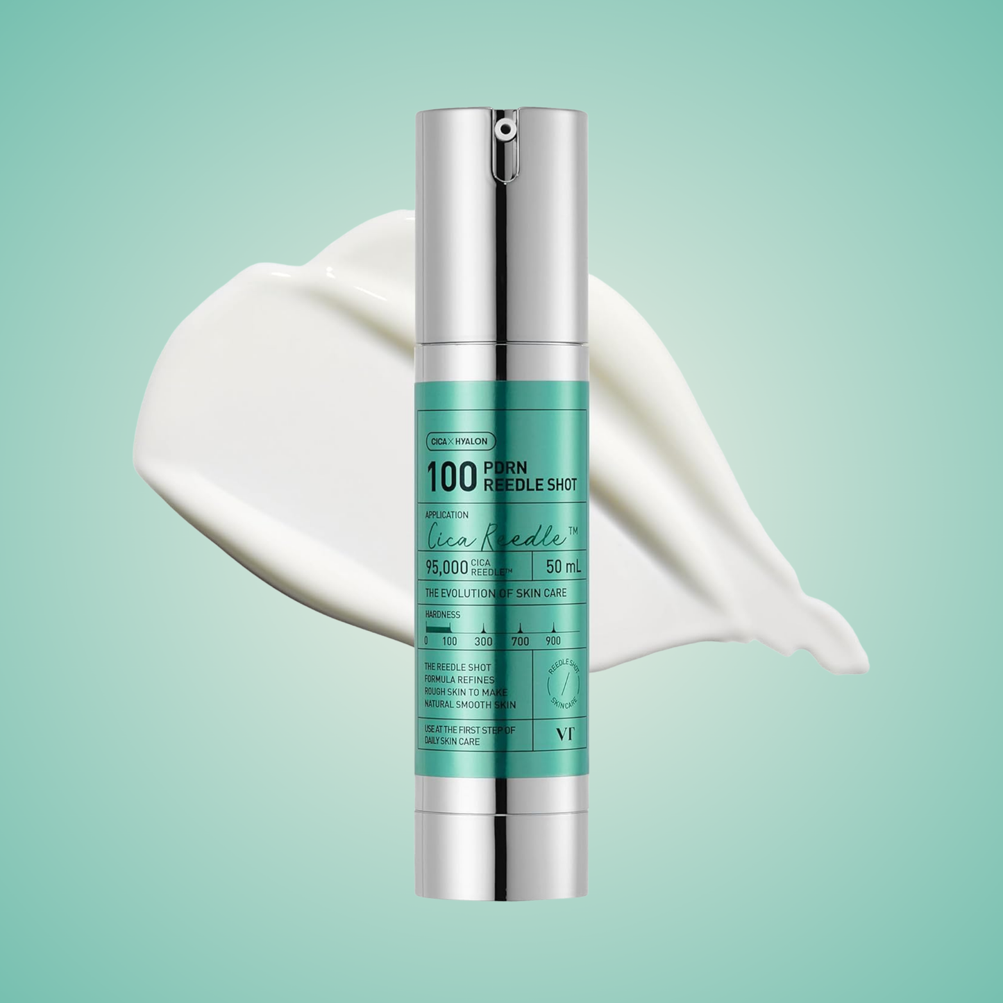 Texture of VT PDRN Reedle Shot 100 – lightweight creamy serum on green background