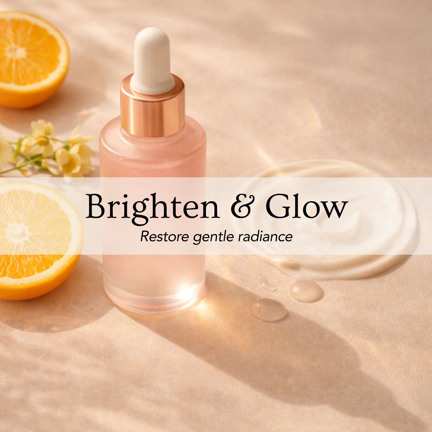 Minimal skincare flatlay with citrus tones and luminous serum representing brightening and glow ritual.
