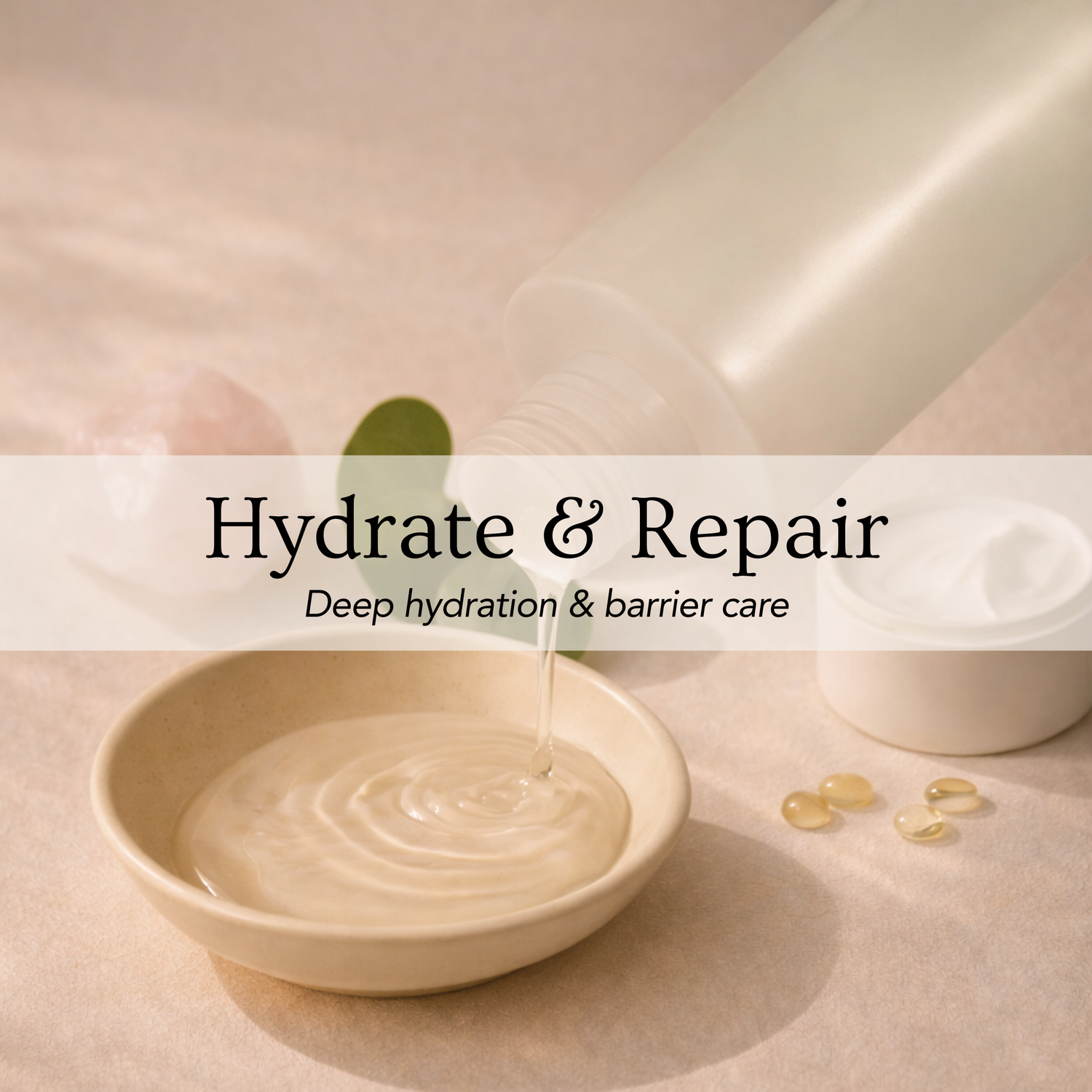 Soft ivory skincare scene with cream texture and frosted bottle symbolizing deep hydration and barrier repair.