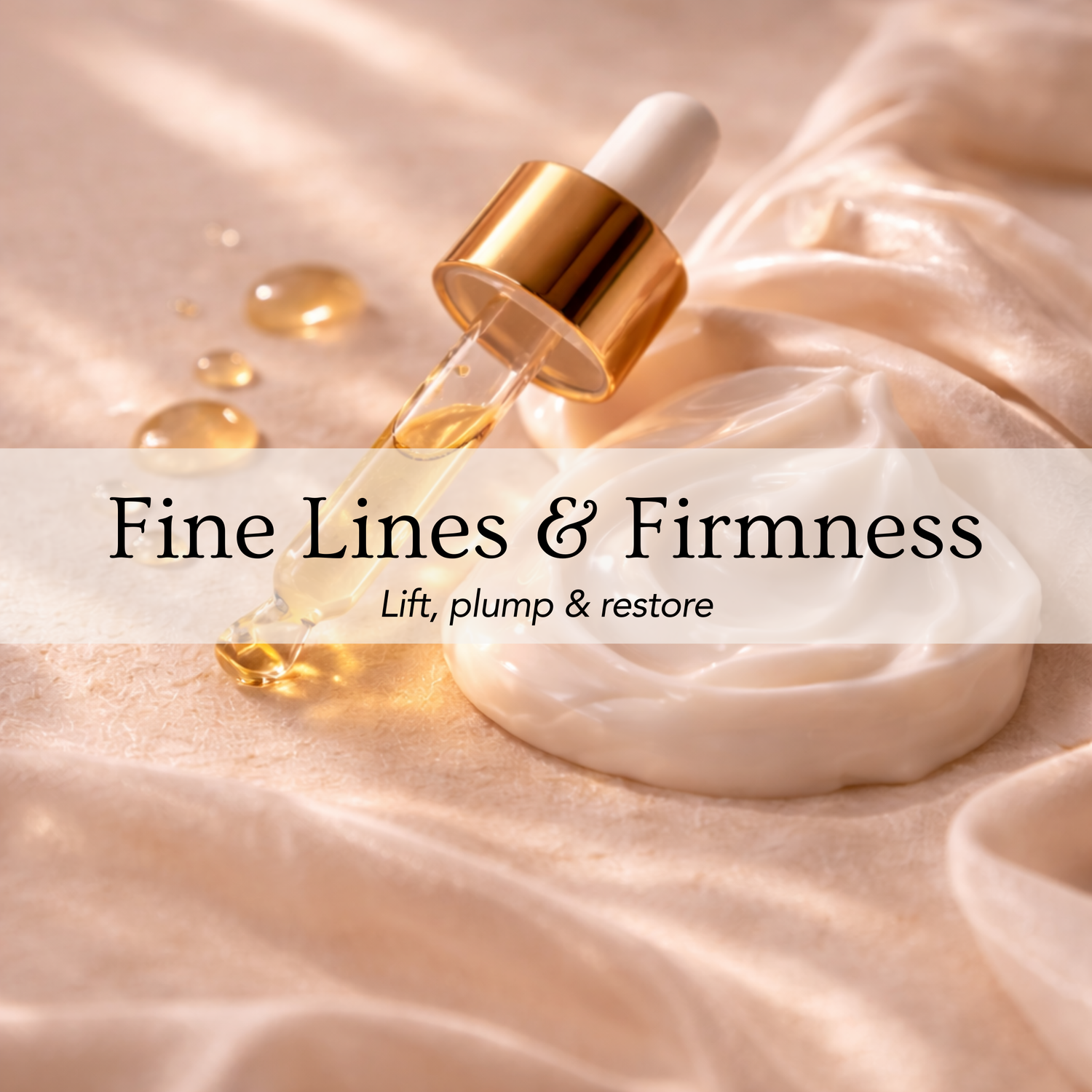 Warm-toned skincare still life with golden serum dropper symbolizing firmness and renewal ritual.