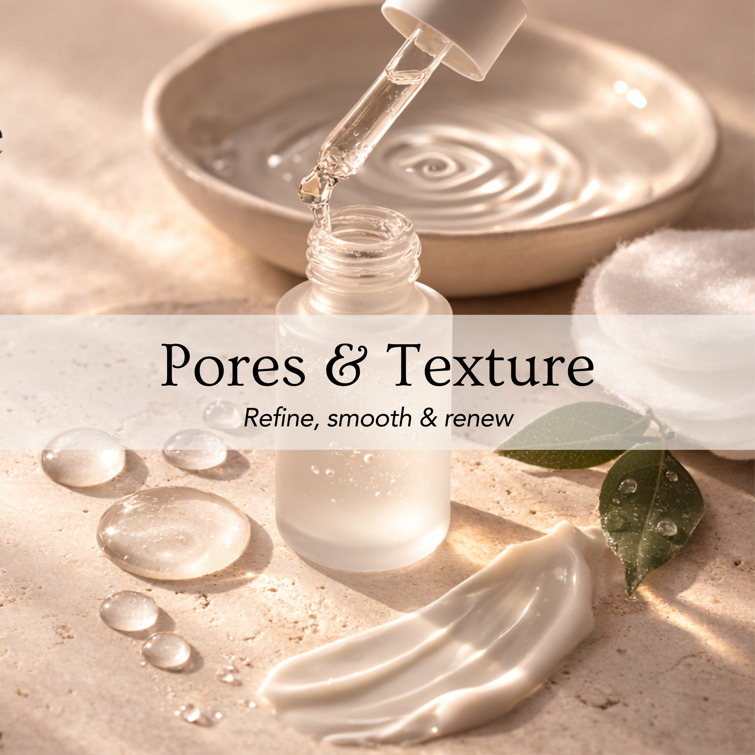 Clean minimalist skincare arrangement with smooth textures representing pore refining and skin smoothing.