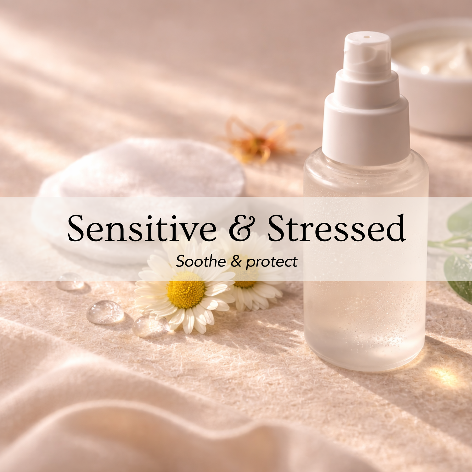 Soft beige skincare composition with chamomile and gentle mist bottle representing soothing care for sensitive skin.