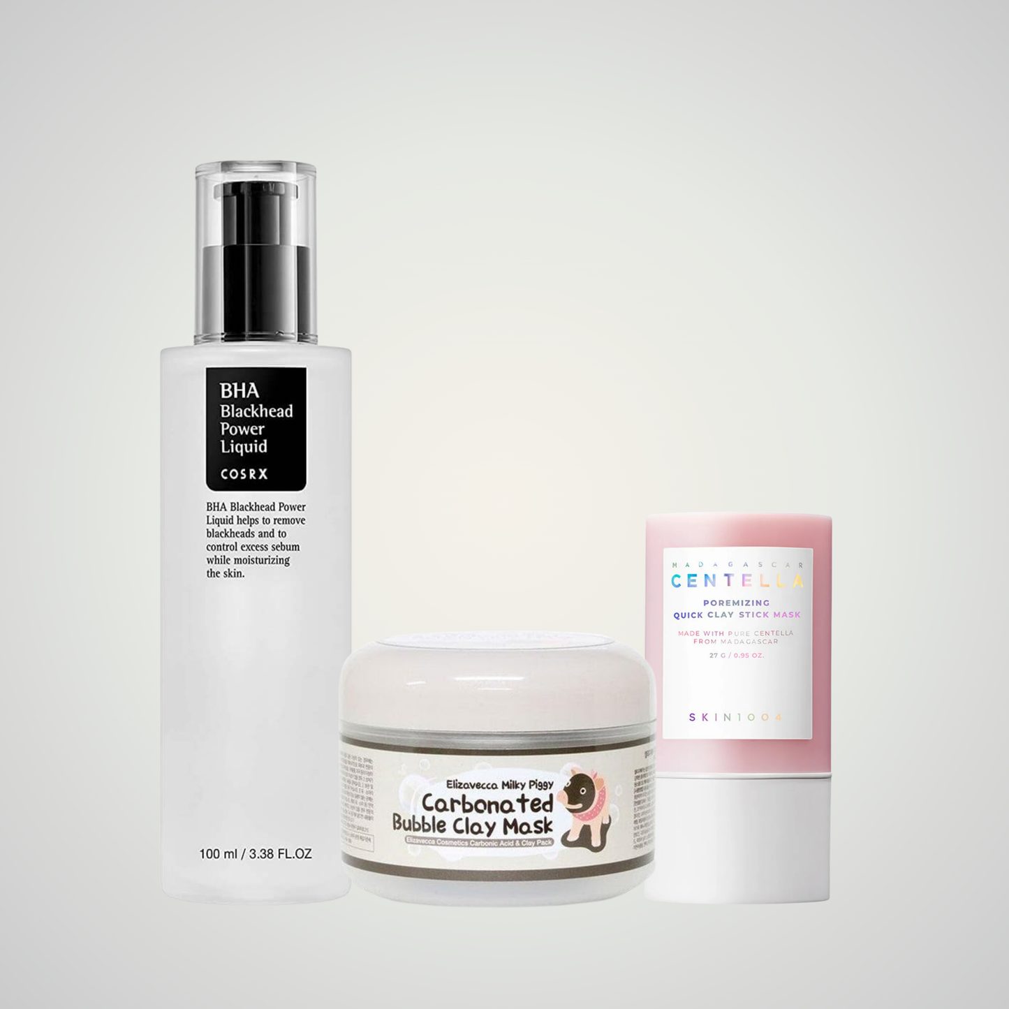 Clarifying & Detox Ritual – COSRX BHA, SKIN1004 Clay Stick Mask, and Elizavecca Bubble Clay Mask pore care trio by Gaia K-Beauty