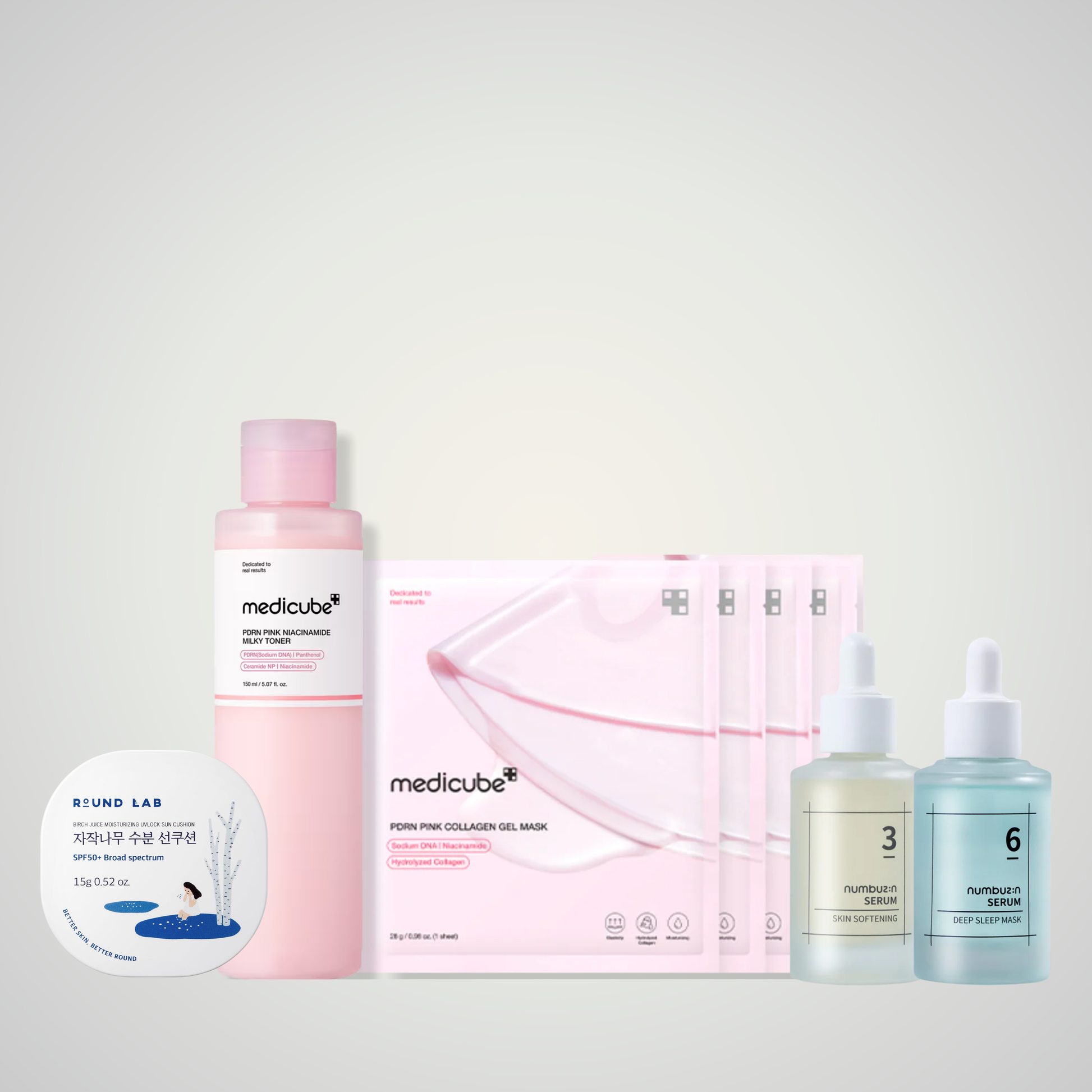 Overnight Renewal Ritual – medicube PDRN toner & collagen gel masks with Numbuzin serums and Round Lab sun cushion by Gaia K-Beauty