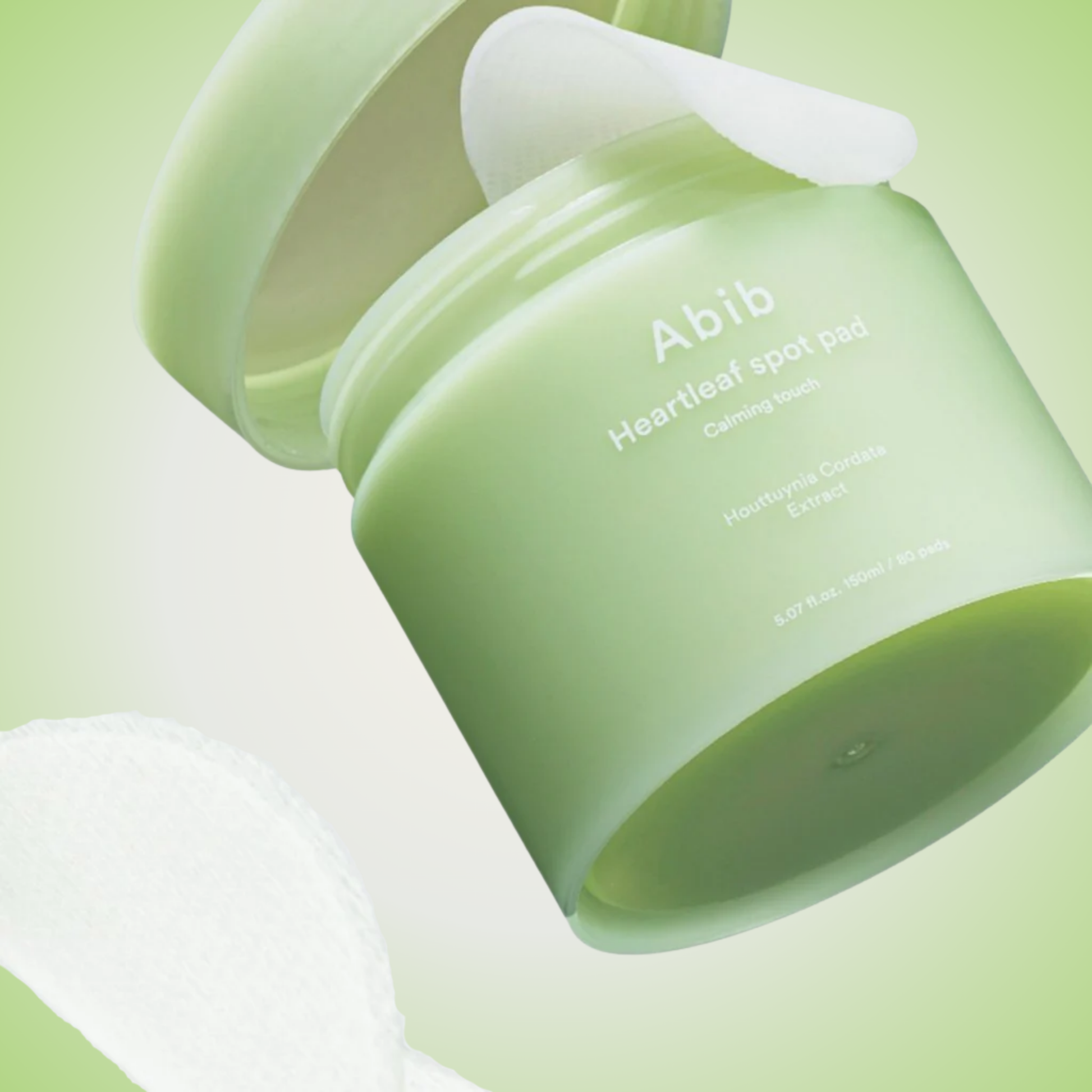 Angled view of Abib Heartleaf Spot Pad Calming Touch – hydrating and gentle exfoliating pads