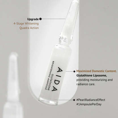 AIDA Glutathione Brightening Ampoule infographic showing 4-stage whitening and liposome action