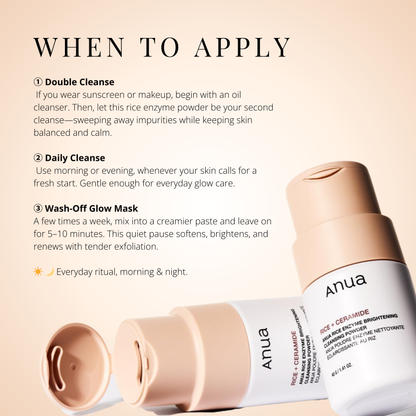 Anua Rice Enzyme Brightening Cleansing Powder with instructions – versatile cleanser for daily use, double cleanse, or wash-off mask.