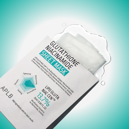 APLB Glutathione Niacinamide Sheet Mask being removed from pouch – hydrating mask with brightening benefits.