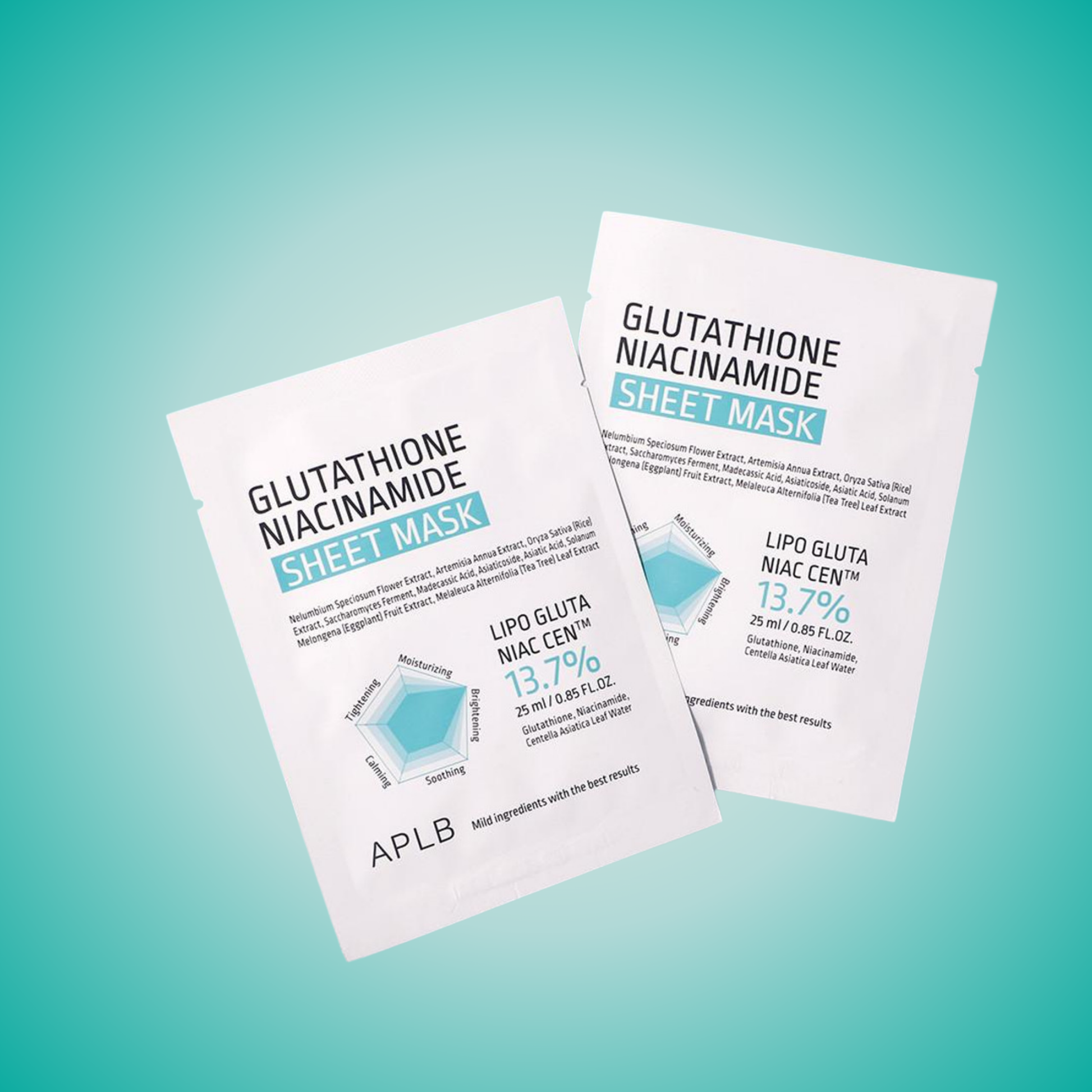 APLB Glutathione Niacinamide Sheet Mask styled shot – brightening and soothing sheet mask for even skin tone.