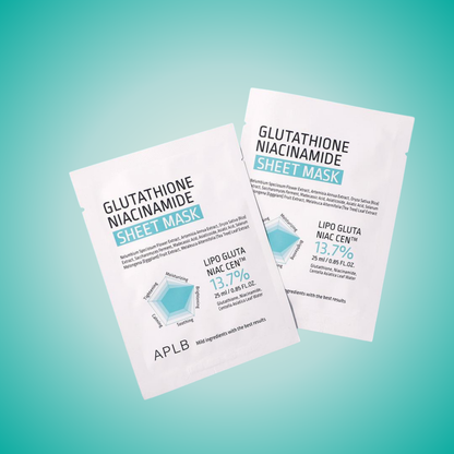 APLB Glutathione Niacinamide Sheet Mask styled shot – brightening and soothing sheet mask for even skin tone.