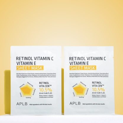 APLB Retinol and Vitamin C Sheet Mask display – hydrating and revitalizing glow mask for all skin types