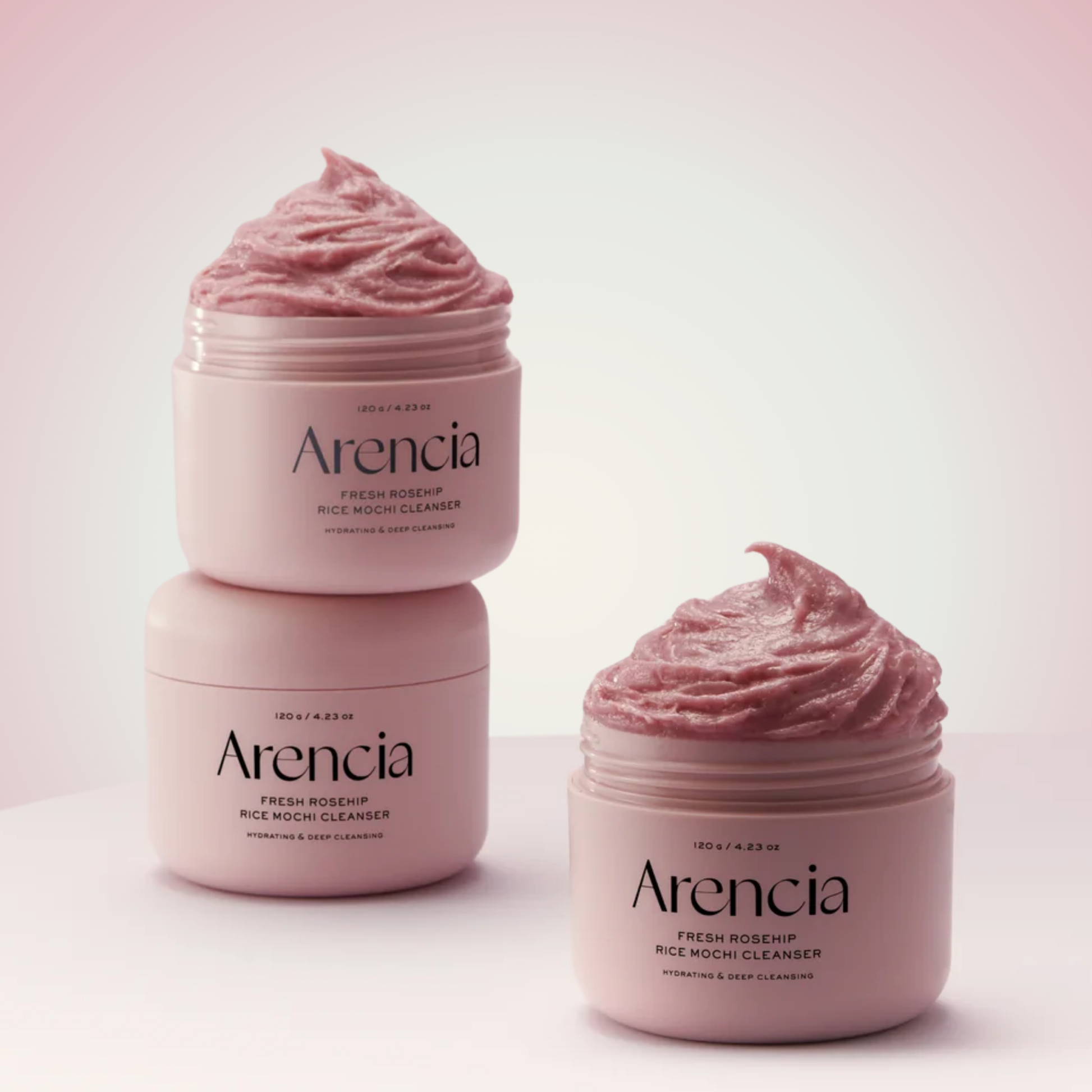 Stacked jars of Arencia Fresh Rosehip Rice Mochi Cleanser – hydrating, exfoliating, and brightening cleanser