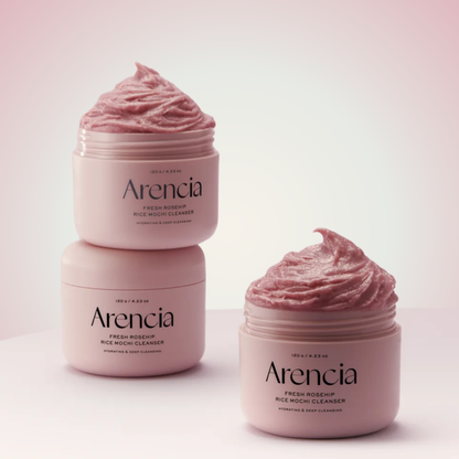 Stacked jars of Arencia Fresh Rosehip Rice Mochi Cleanser – hydrating, exfoliating, and brightening cleanser