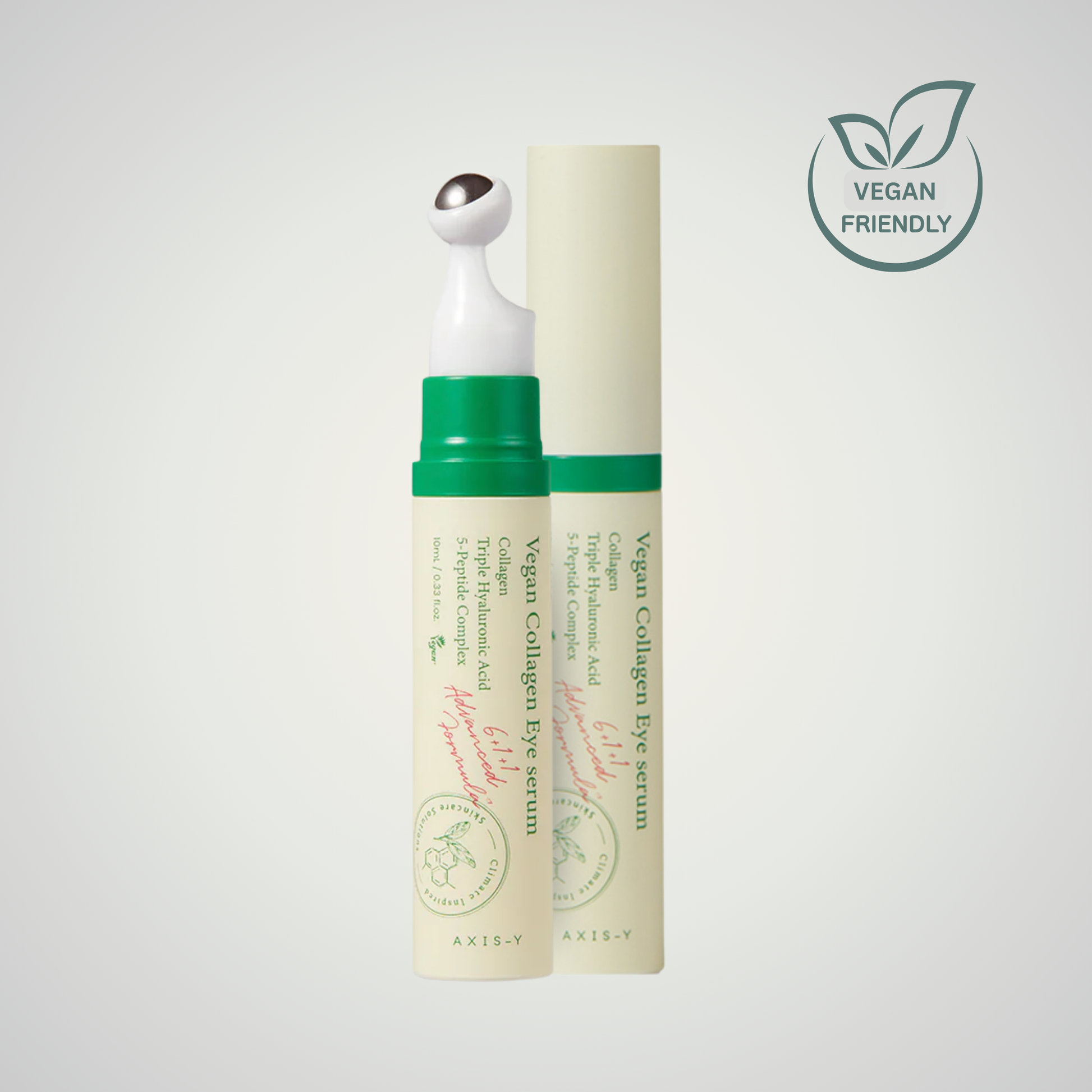 AXIS-Y Vegan Collagen Revitalizing Eye Serum with cooling metal rollerball applicator.