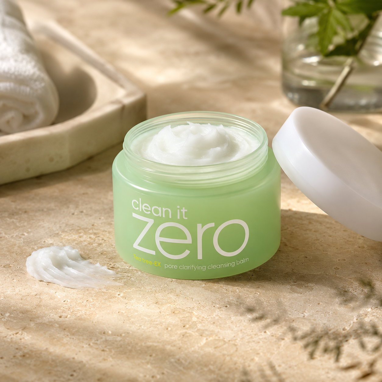 Close-up of Banila Co Clean It Zero Tea Tree-EX Pore Clarifying Cleansing Balm open jar showing the balm texture, green packaging, and clean white lid.