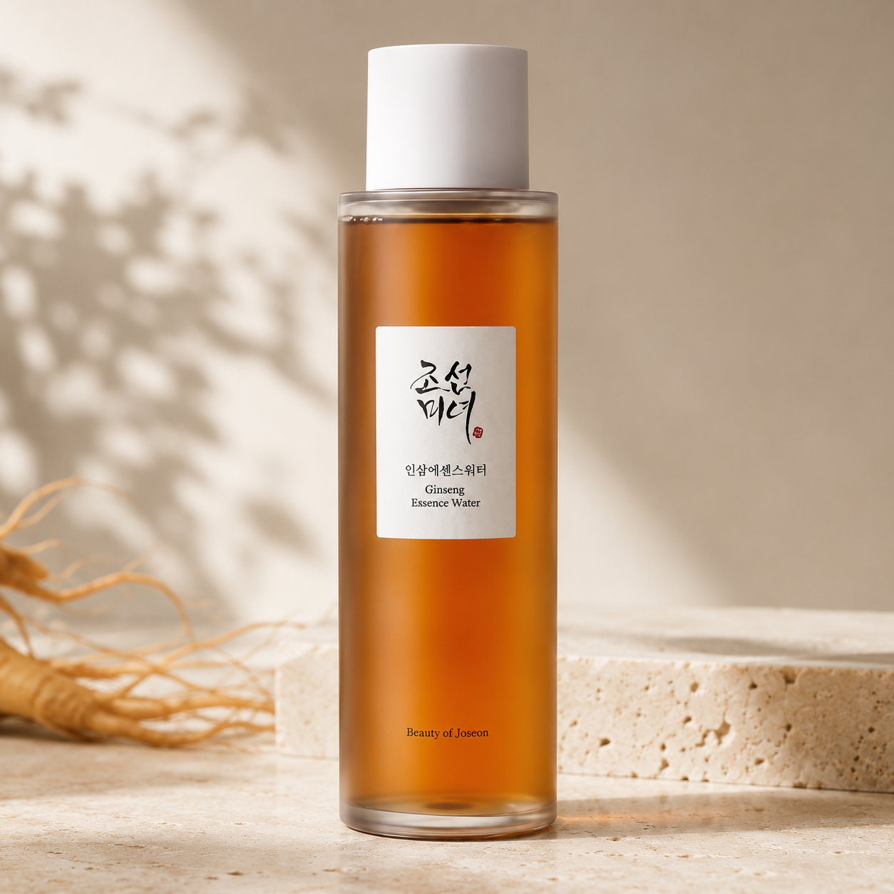 Beauty of Joseon Ginseng Essence Water 150ml displayed on warm travertine with soft morning sunlight and ginseng root in a premium Korean skincare hero photo.