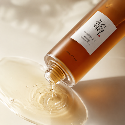 Beauty of Joseon Ginseng Essence Water 150ml shown pouring amber essence onto a smooth surface, highlighting its lightweight watery texture.