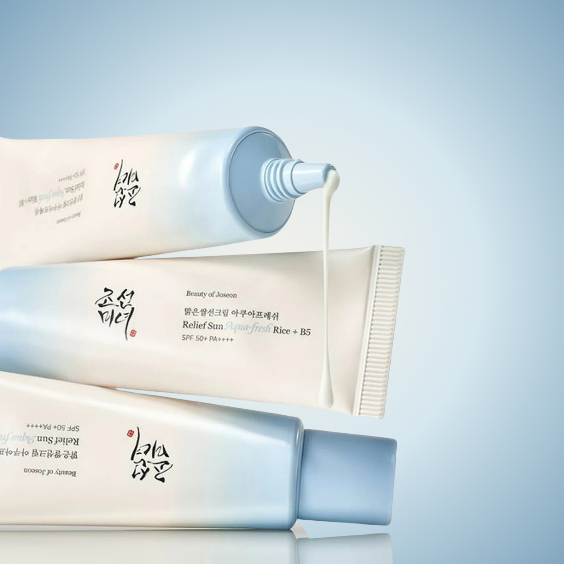 Beauty of Joseon Relief Sun Aqua-Fresh Rice + B5 SPF50+ sunscreen tubes displayed in flat lay