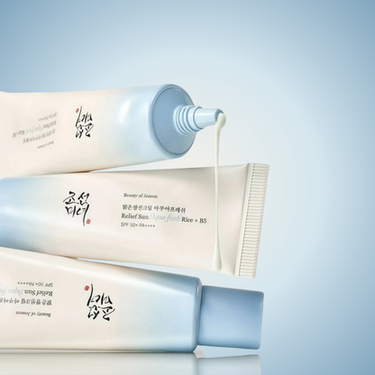 Beauty of Joseon Relief Sun Aqua-Fresh Rice + B5 SPF50+ sunscreen tubes displayed in flat lay