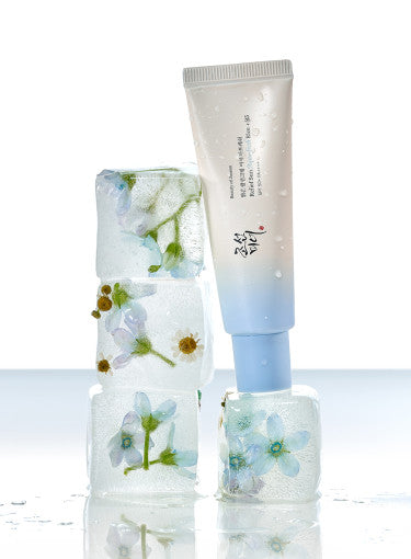 Beauty of Joseon Relief Sun Aqua-Fresh Rice + B5 SPF50+ sunscreen displayed with refreshing ice blocks