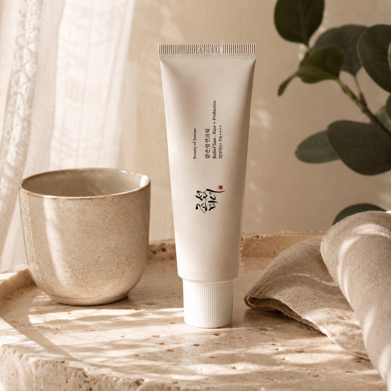 Beauty of Joseon Relief Sun Rice + Probiotics SPF50+ PA++++ 50ml styled on a warm travertine vanity with beige linen, ceramic cup, and soft natural sunlight for a calm Korean skincare lifestyle scene.